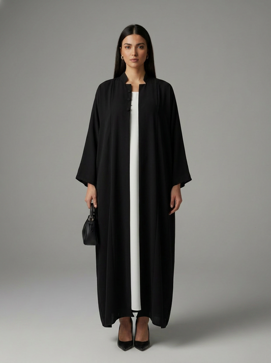 Signature Korean Nida Black Open Abaya Minimalist High-Neck Design