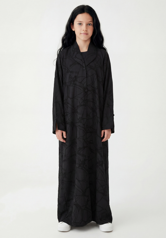Girls Abstract Print Abaya with Matching Chiffon Headscarf, Elegant Everyday Modest Wear