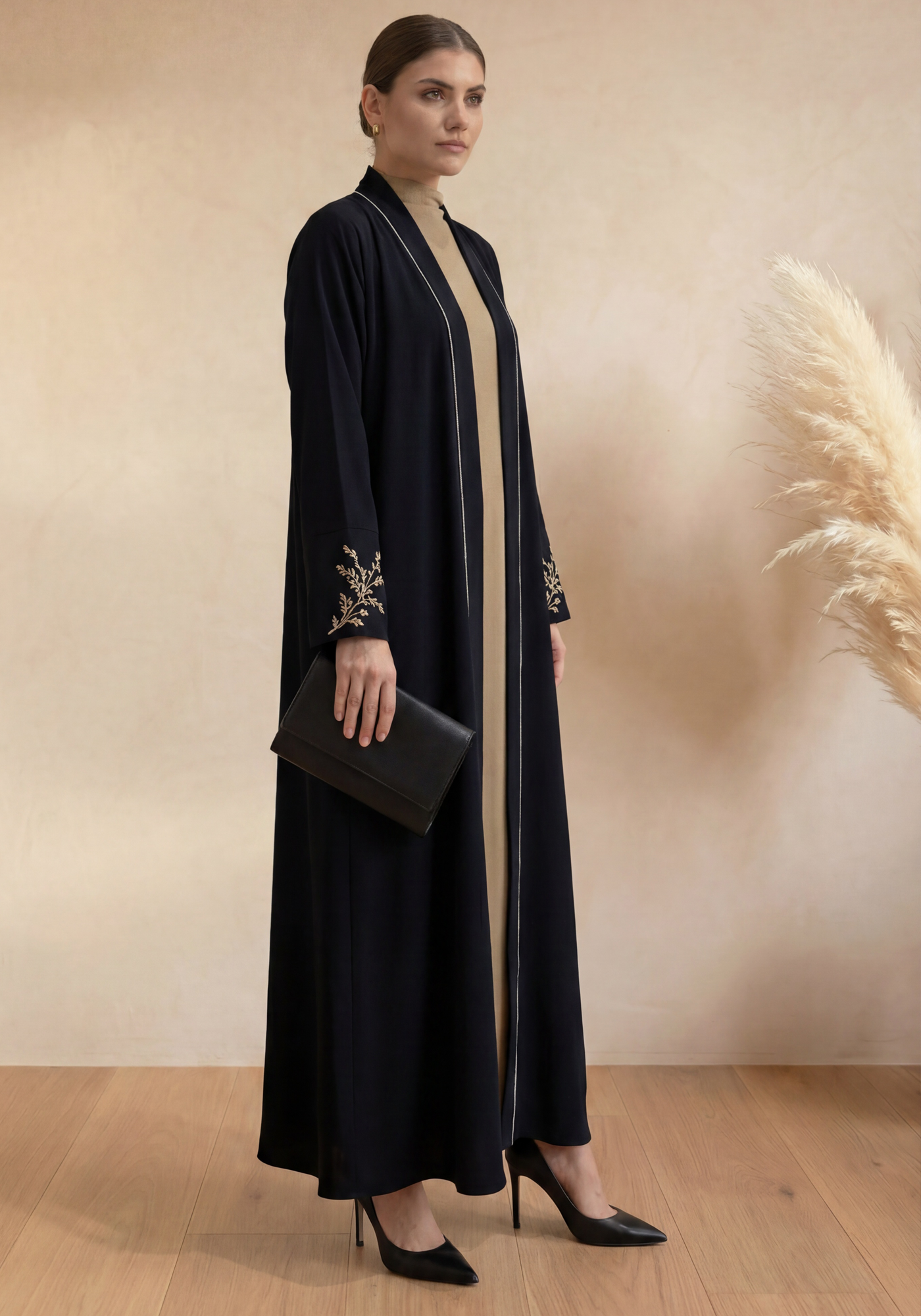 Black Abaya | Gold Embroidery I Chiffon Hijab