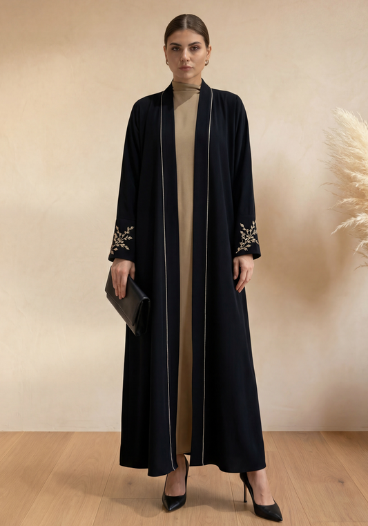 Black Abaya | Gold Embroidery I Chiffon Hijab