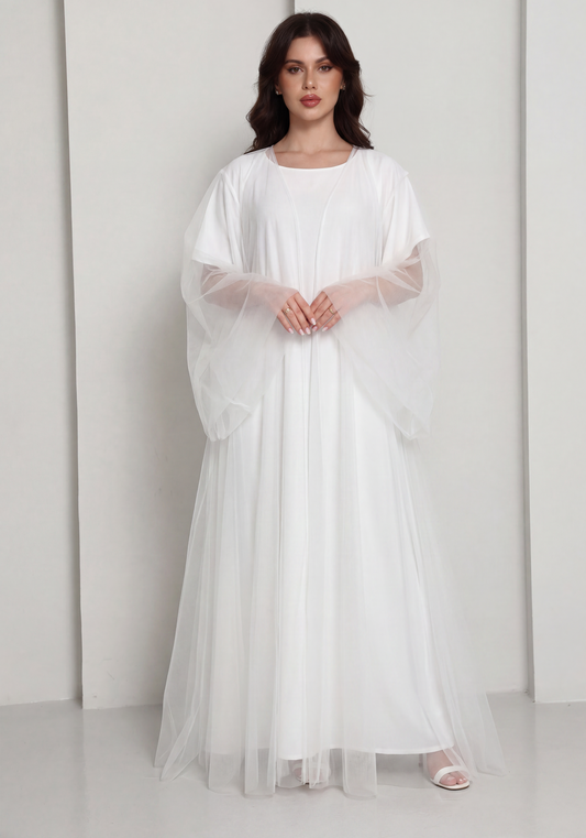 White Tulle Net Designer Abaya