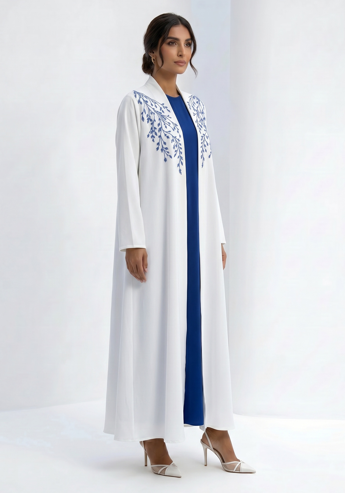 White Abaya with Blue Threadwork Embroidery & Royal Blue Inner Dress