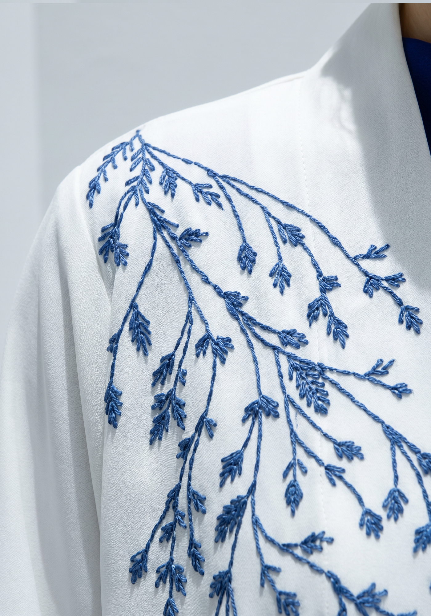 White Abaya with Blue Threadwork Embroidery & Royal Blue Inner Dress