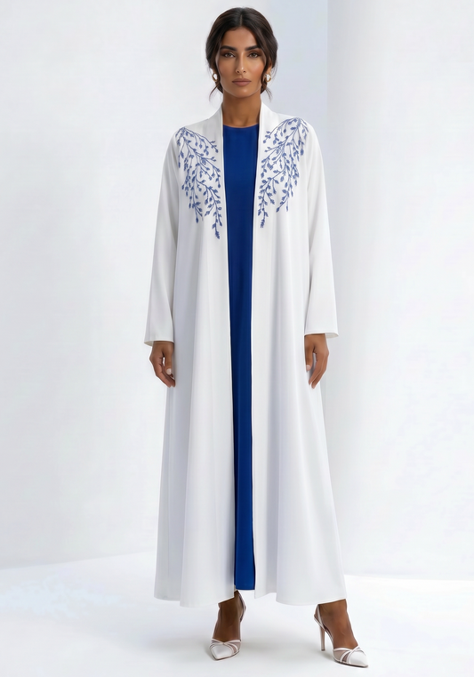 White Abaya with Blue Threadwork Embroidery & Royal Blue Inner Dress