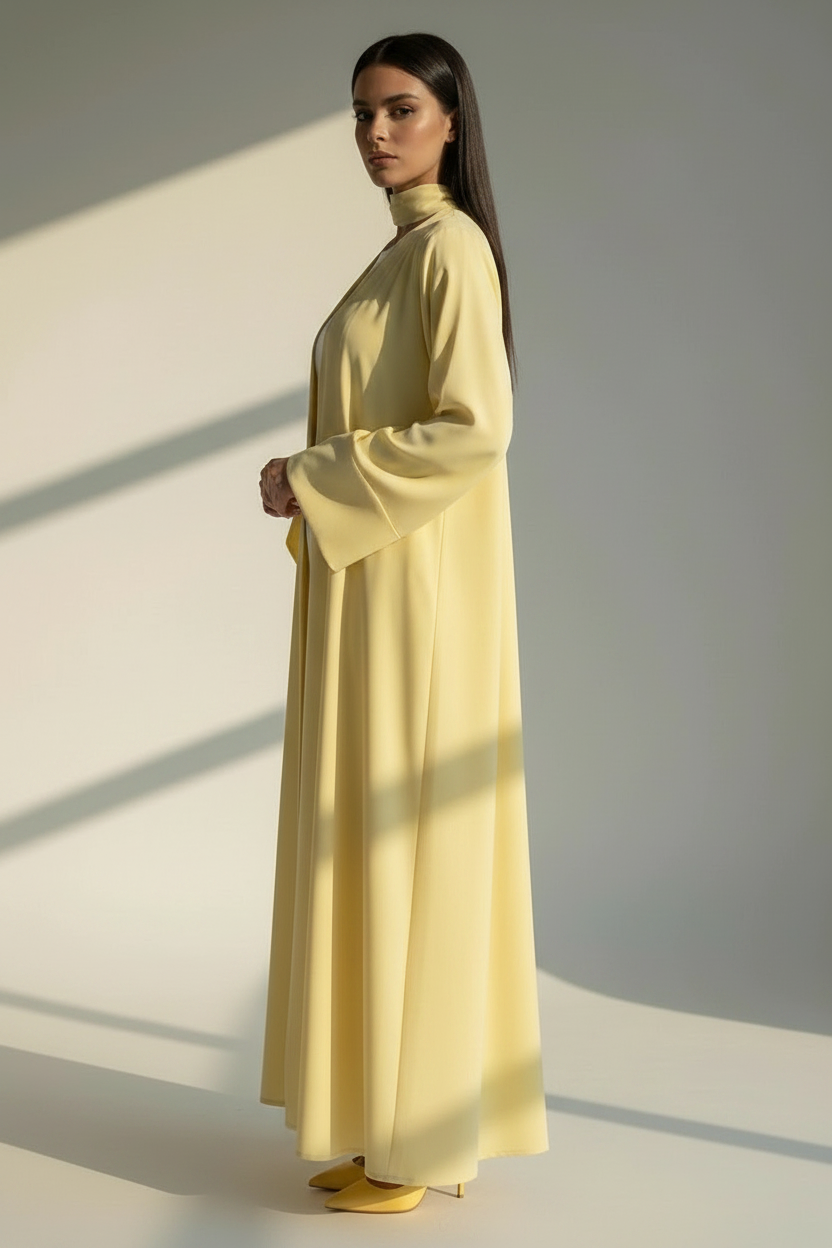 Pastel Yellow Open Abaya with Bell Sleeves, Lightweight Everyday Style