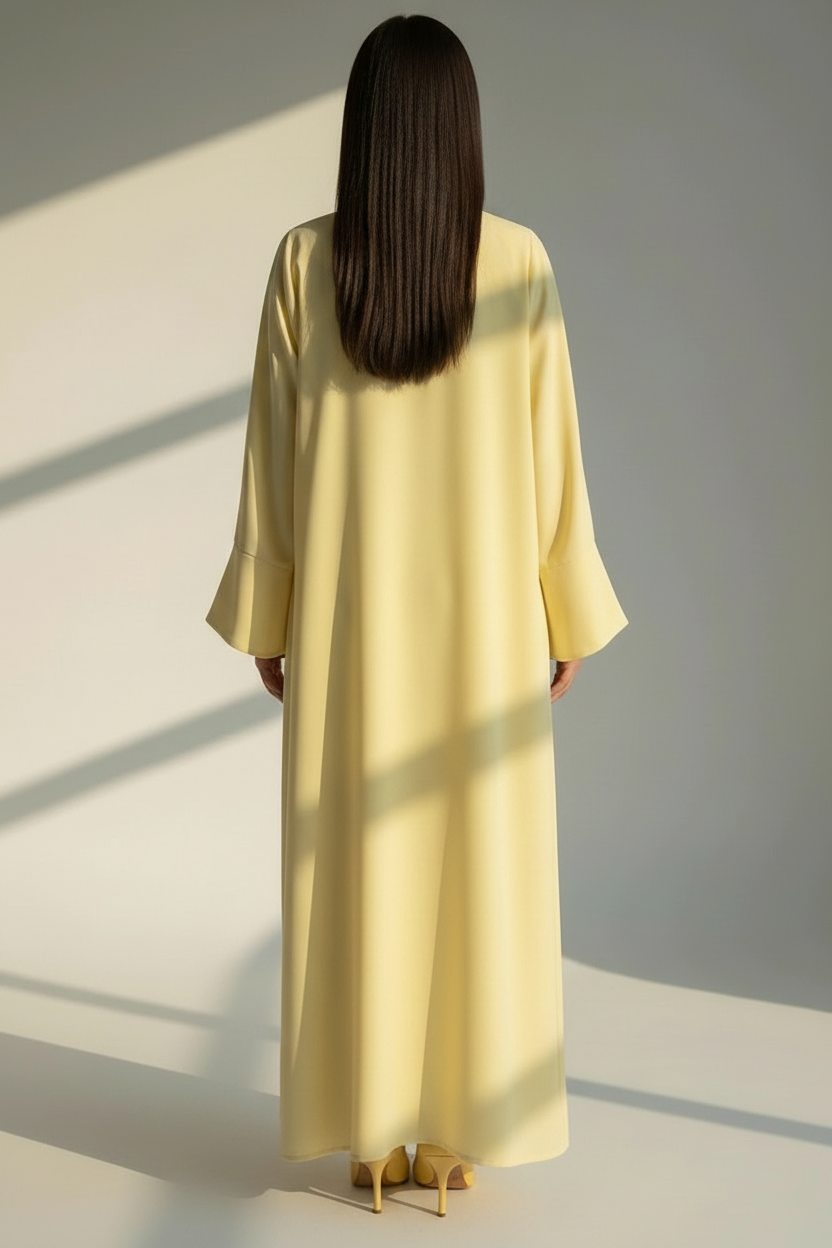 Pastel Yellow Open Abaya with Bell Sleeves, Lightweight Everyday Style