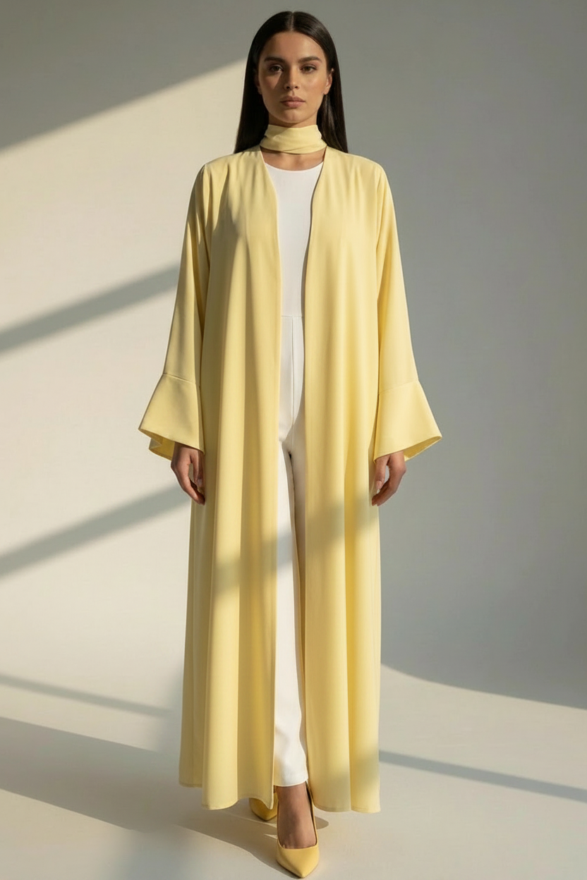 Pastel Yellow Open Abaya with Bell Sleeves, Lightweight Everyday Style