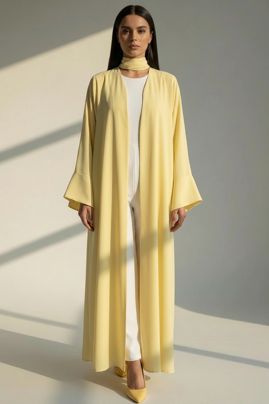 Pastel Yellow Open Abaya with Bell Sleeves, Lightweight Everyday Style