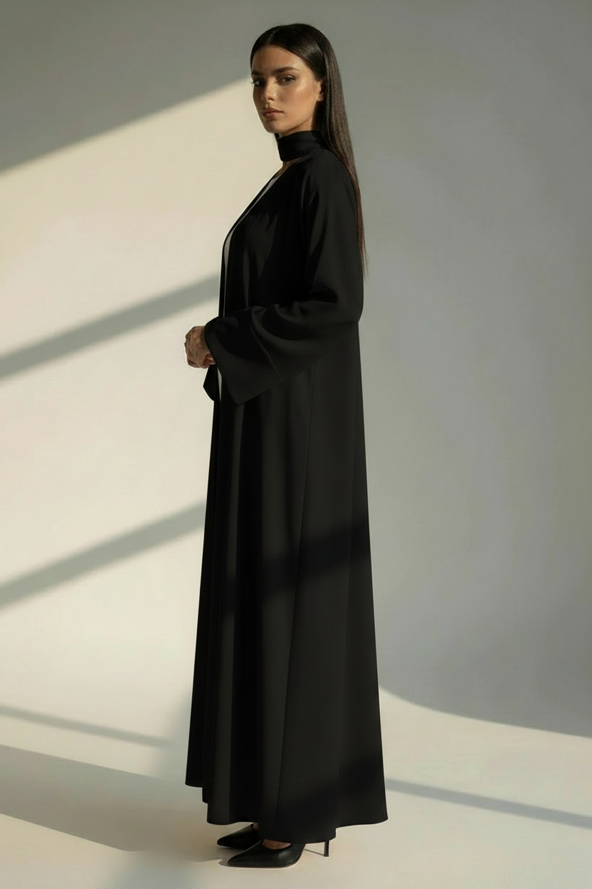 Black Open Abaya with Bell Sleeves, Lightweight Everyday Style