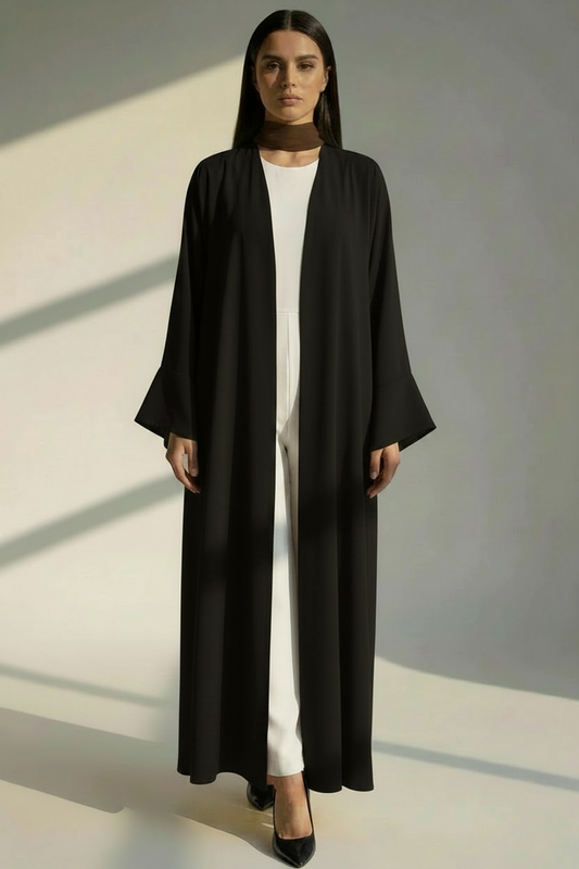 Black Open Abaya with Bell Sleeves, Lightweight Everyday Style