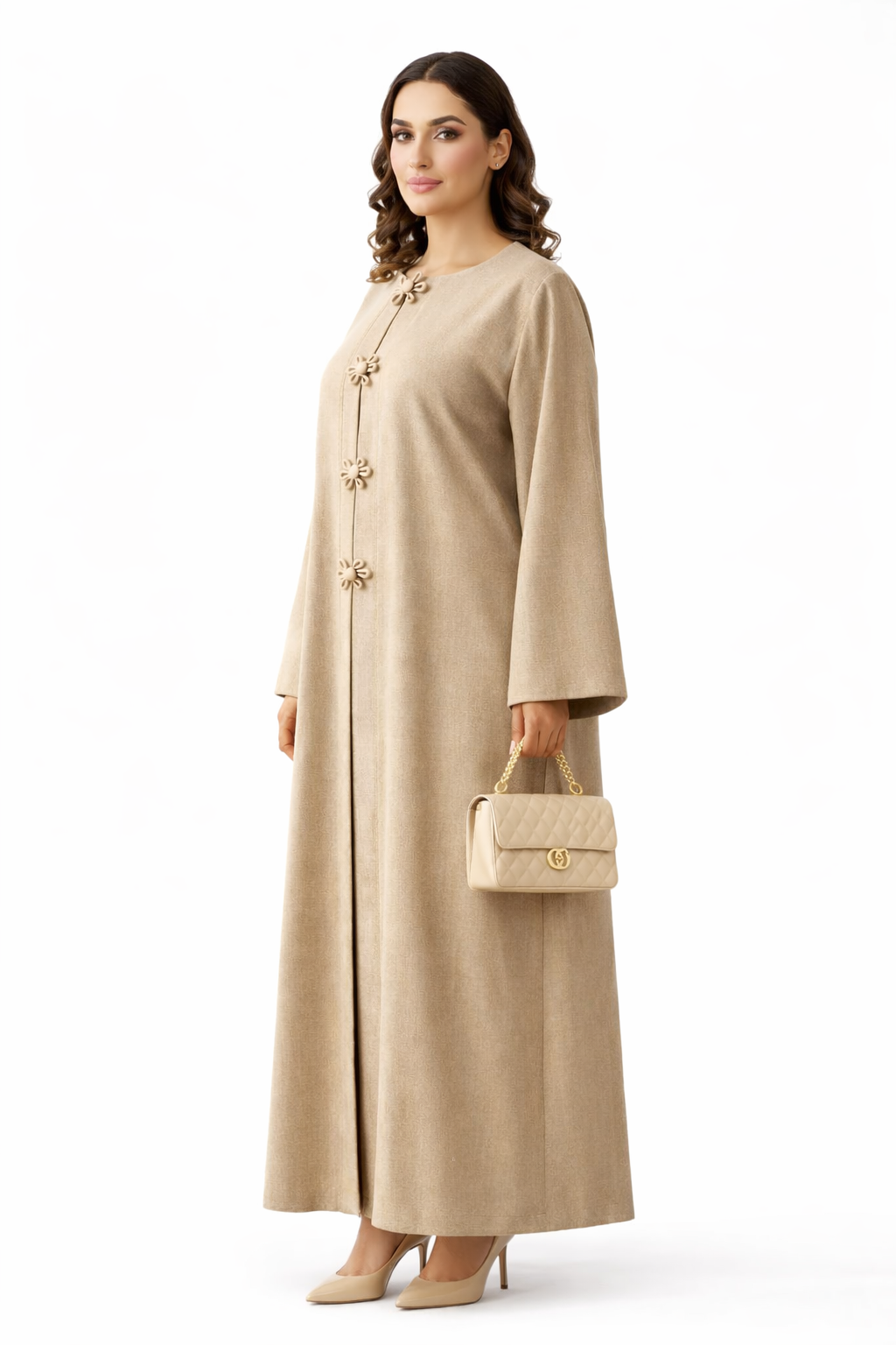Premium Bella Linen Blend Abaya I Elegant Front Button Design I Greige Color