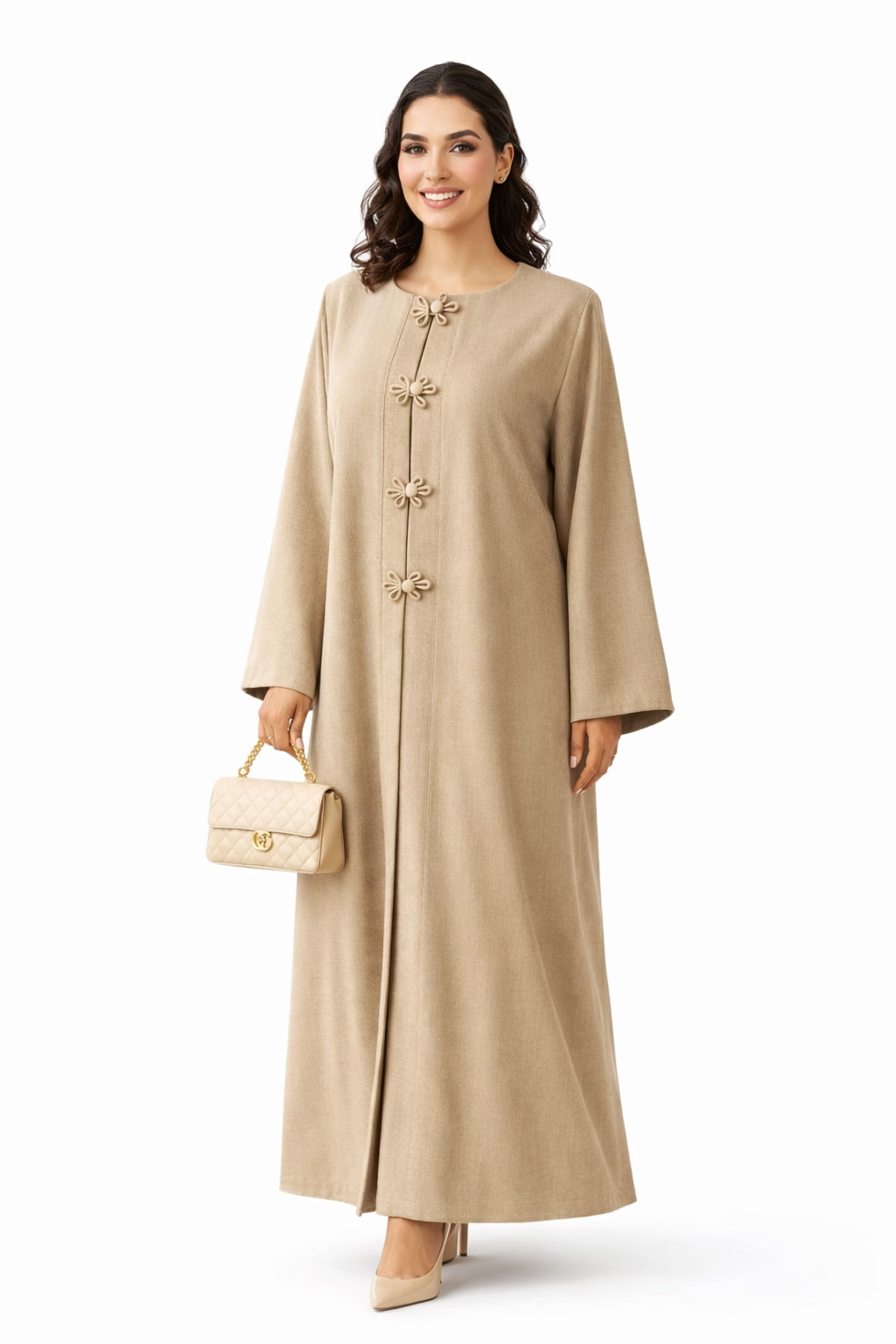 Premium Bella Linen Blend Abaya I Elegant Front Button Design I Greige Color