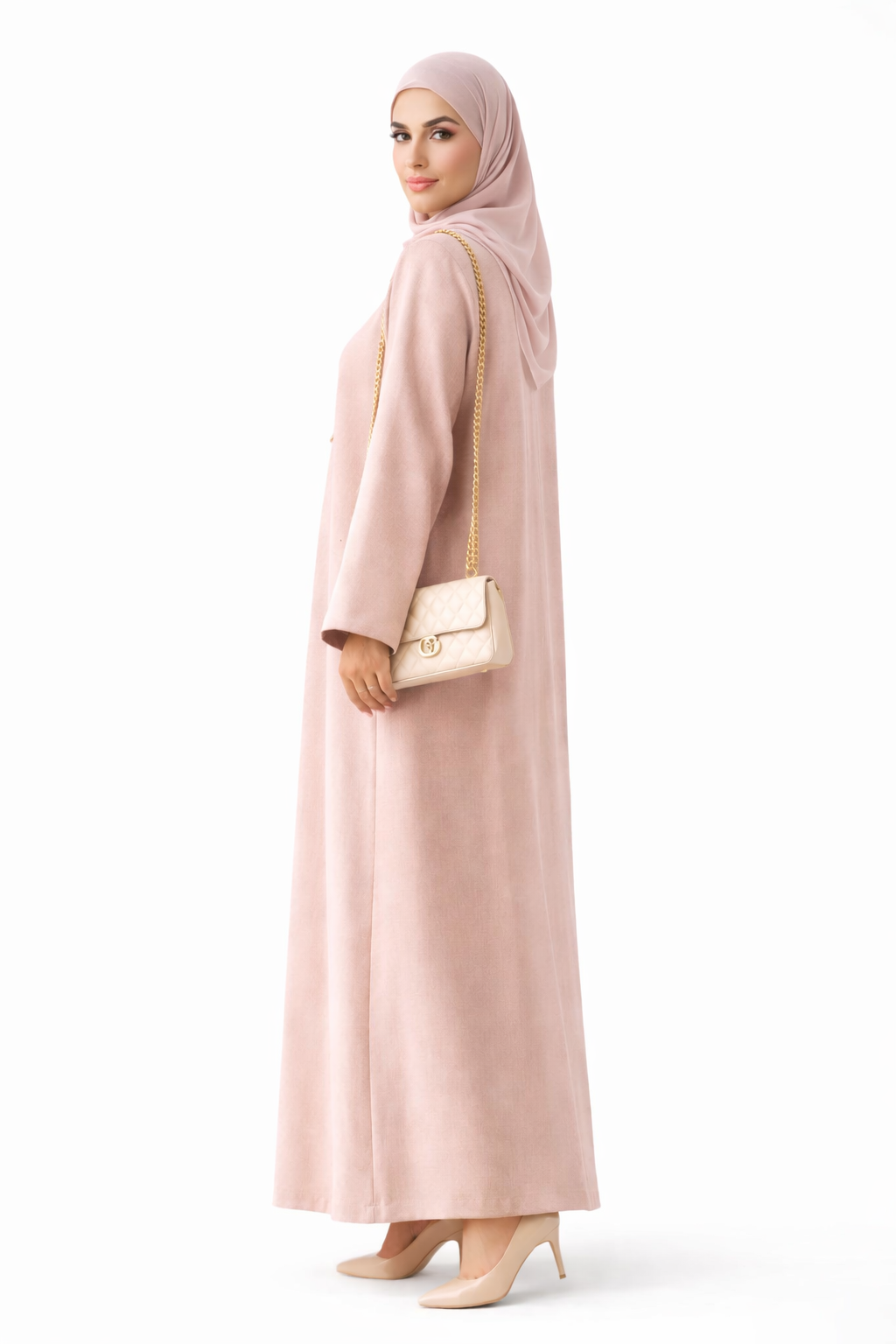 Premium Bella Linen Blend Abaya I Elegant Front Button Design I Pink Color