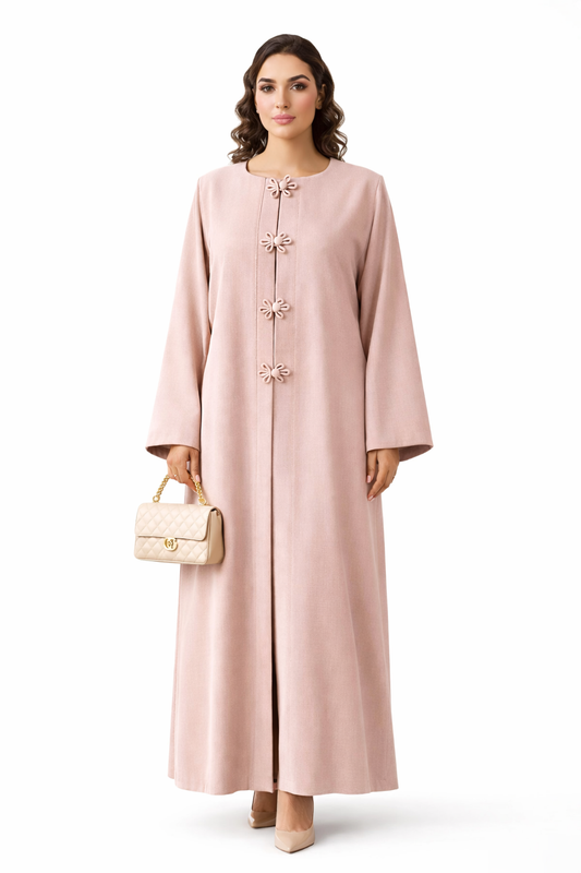 Premium Bella Linen Blend Abaya I Elegant Front Button Design I Pink Color