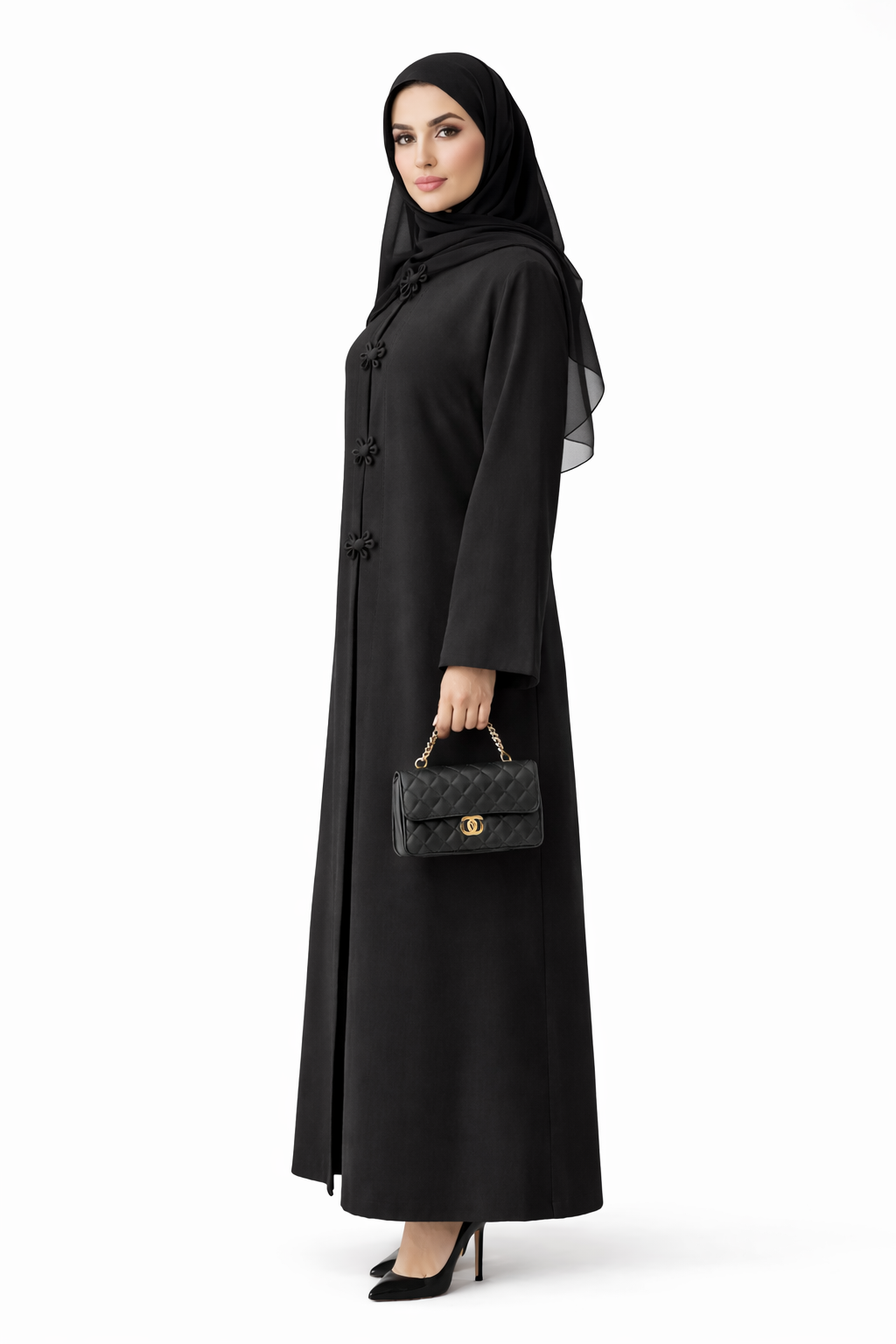 Premium Bella Linen Blend Abaya I Elegant Front Button Design I Black Abaya
