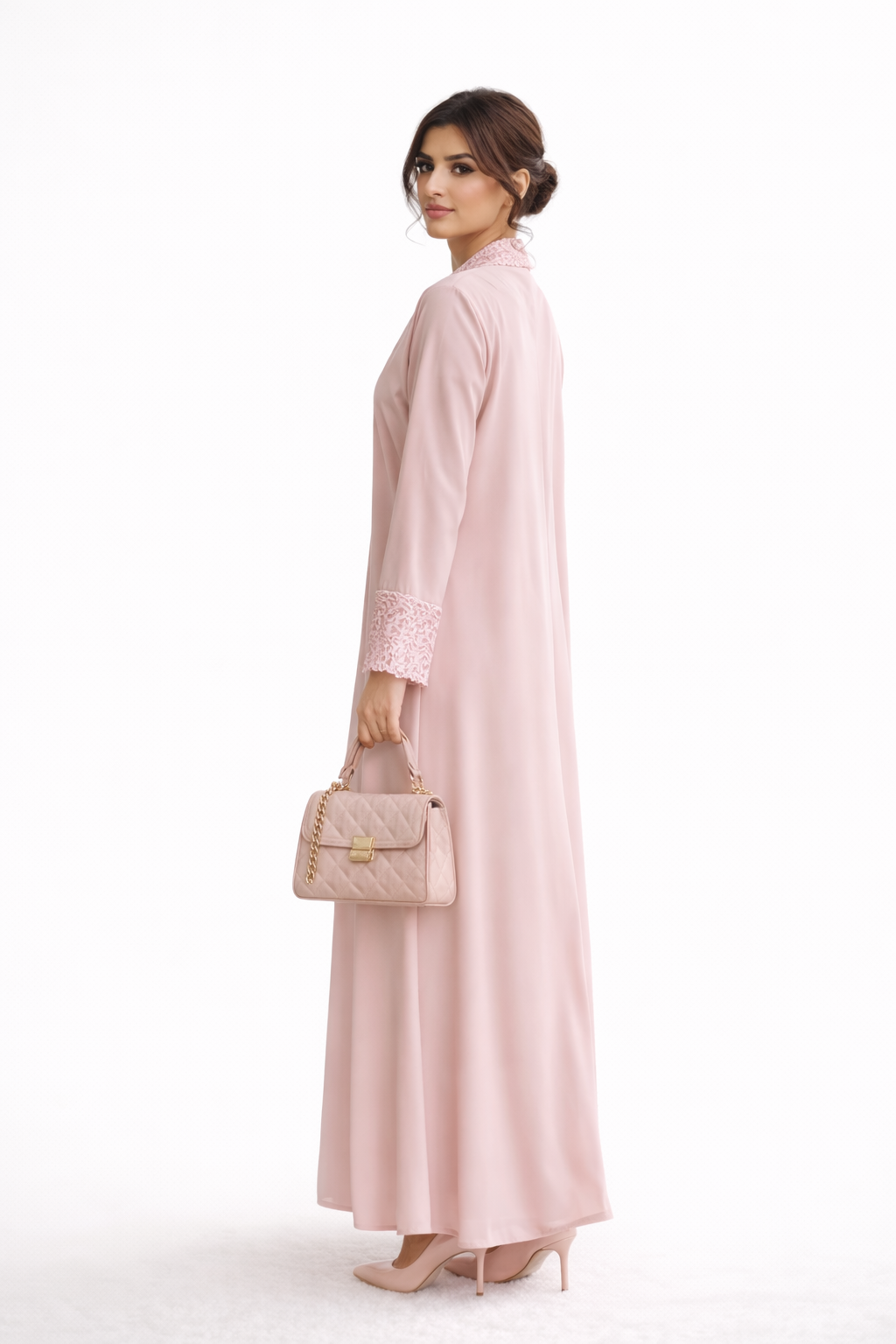 Lite Pink Lace Abaya with Matching Headscarf