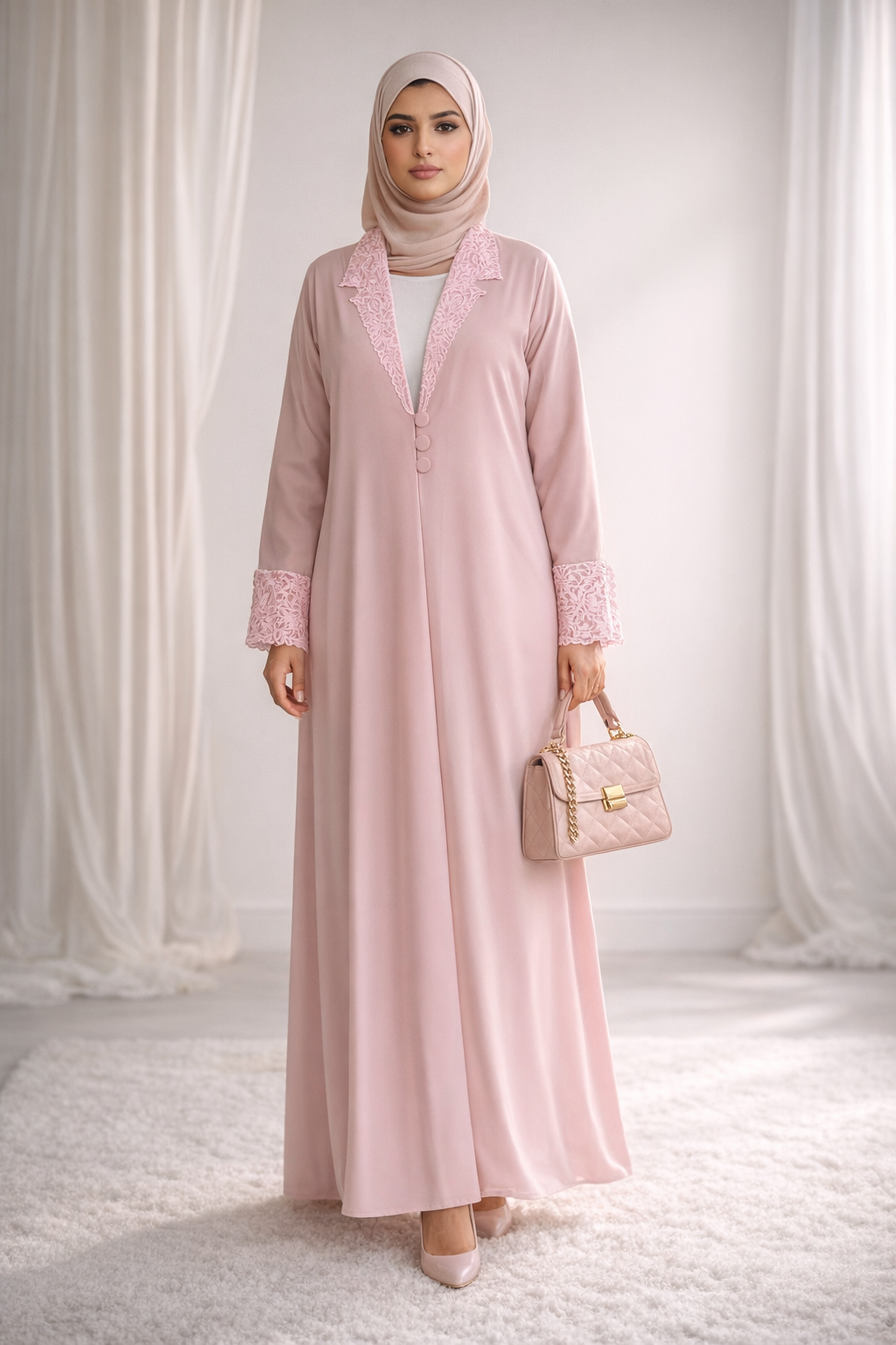Lite Pink Lace Abaya with Matching Headscarf