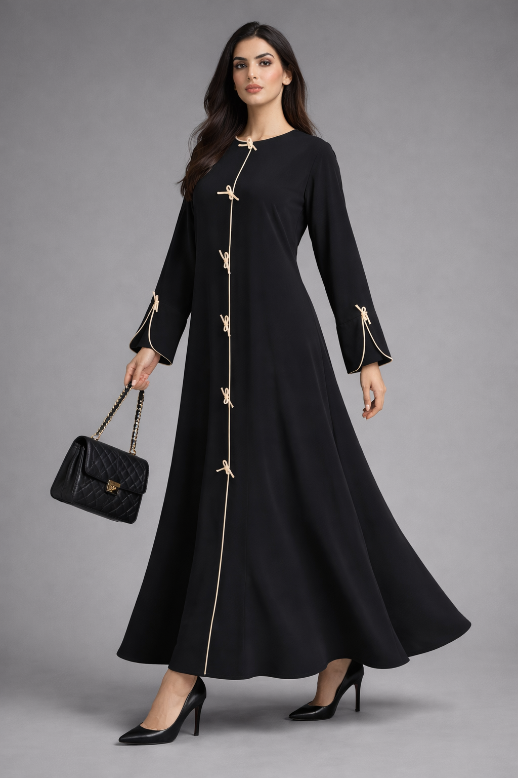 Black Korean Nida Abaya | Luxury Modest Wear with Contrast Piping