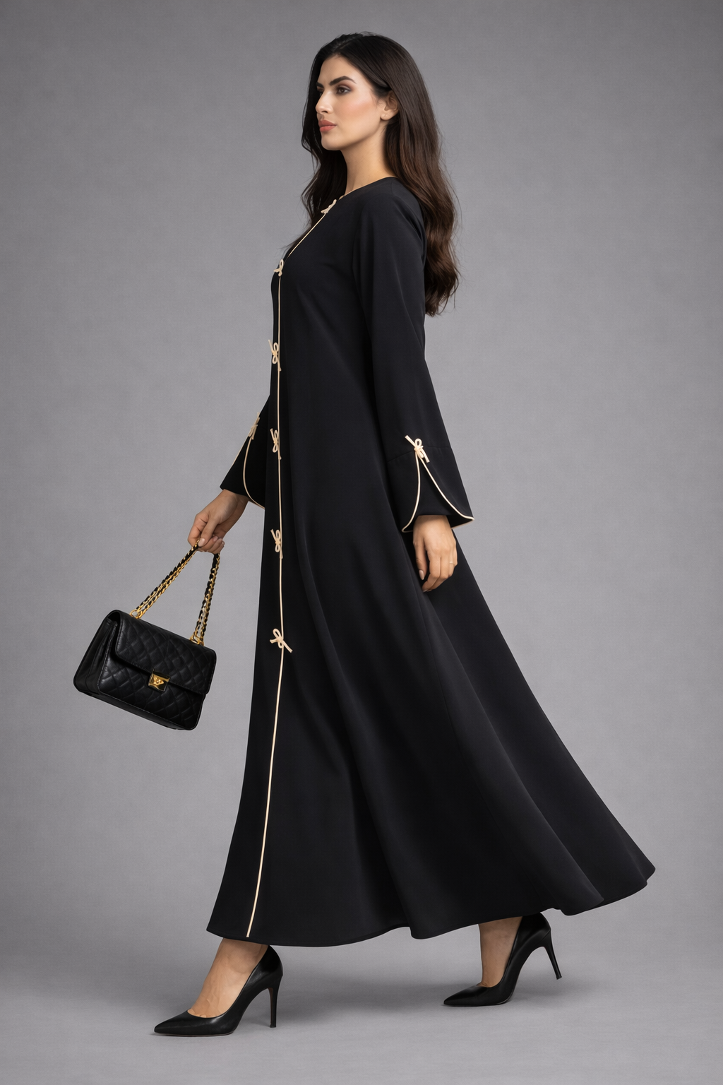 Black Korean Nida Abaya | Luxury Modest Wear with Contrast Piping