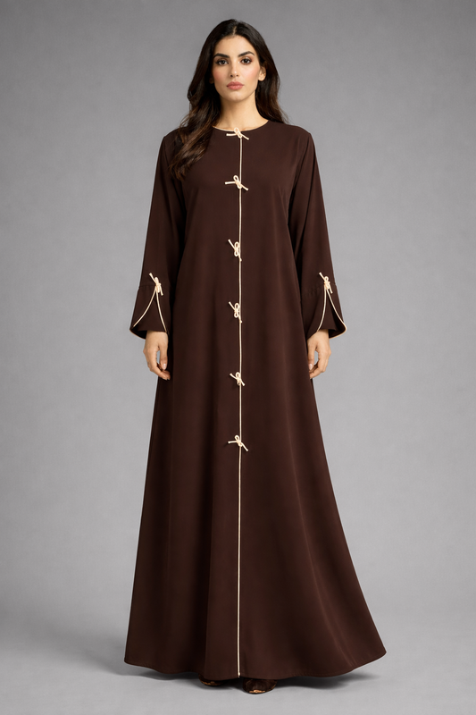 Brown Korean Nida Abaya | Luxury Modest Wear with Contrast Piping