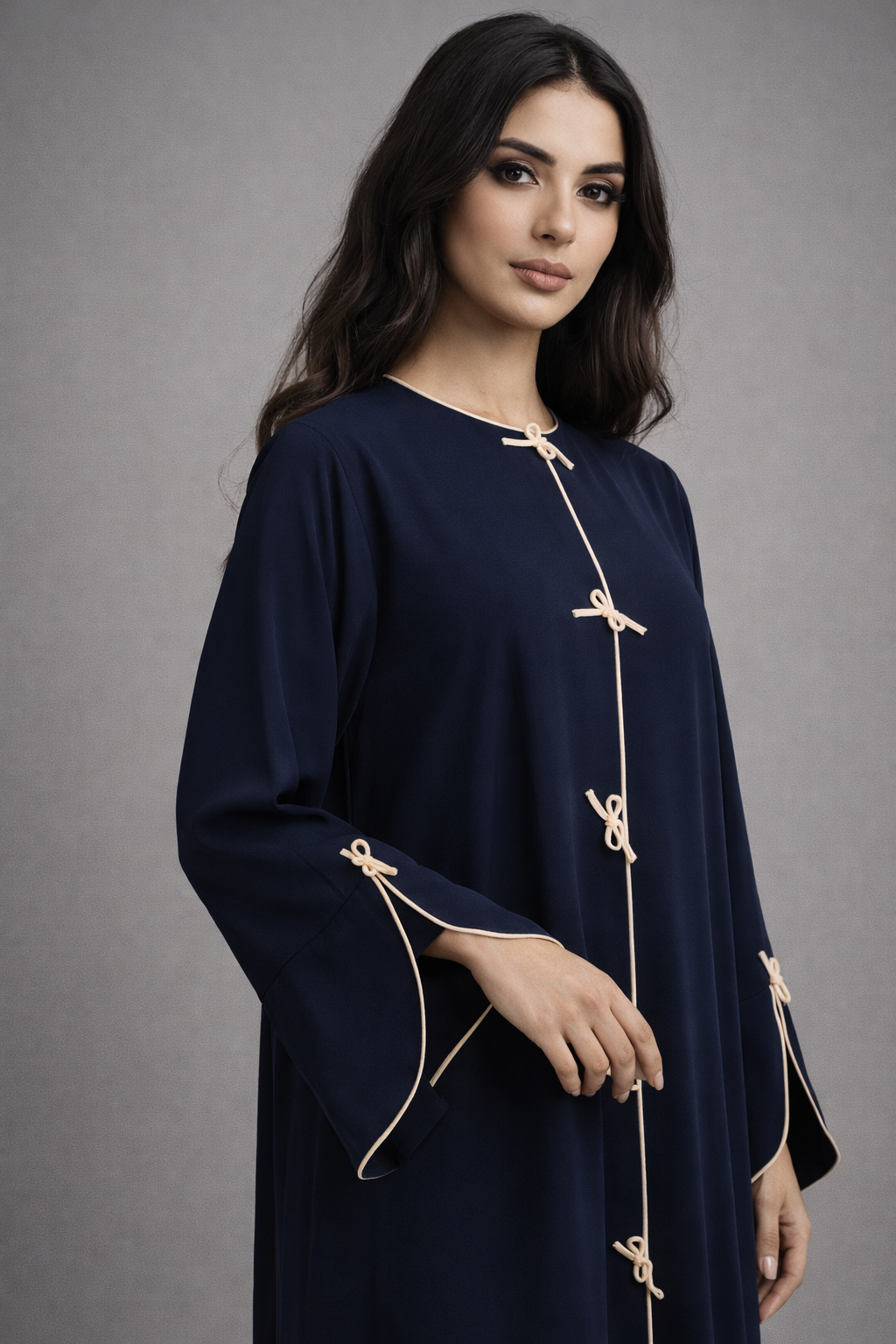 Blue Korean Nida Abaya | Luxury Modest Wear with Contrast Piping