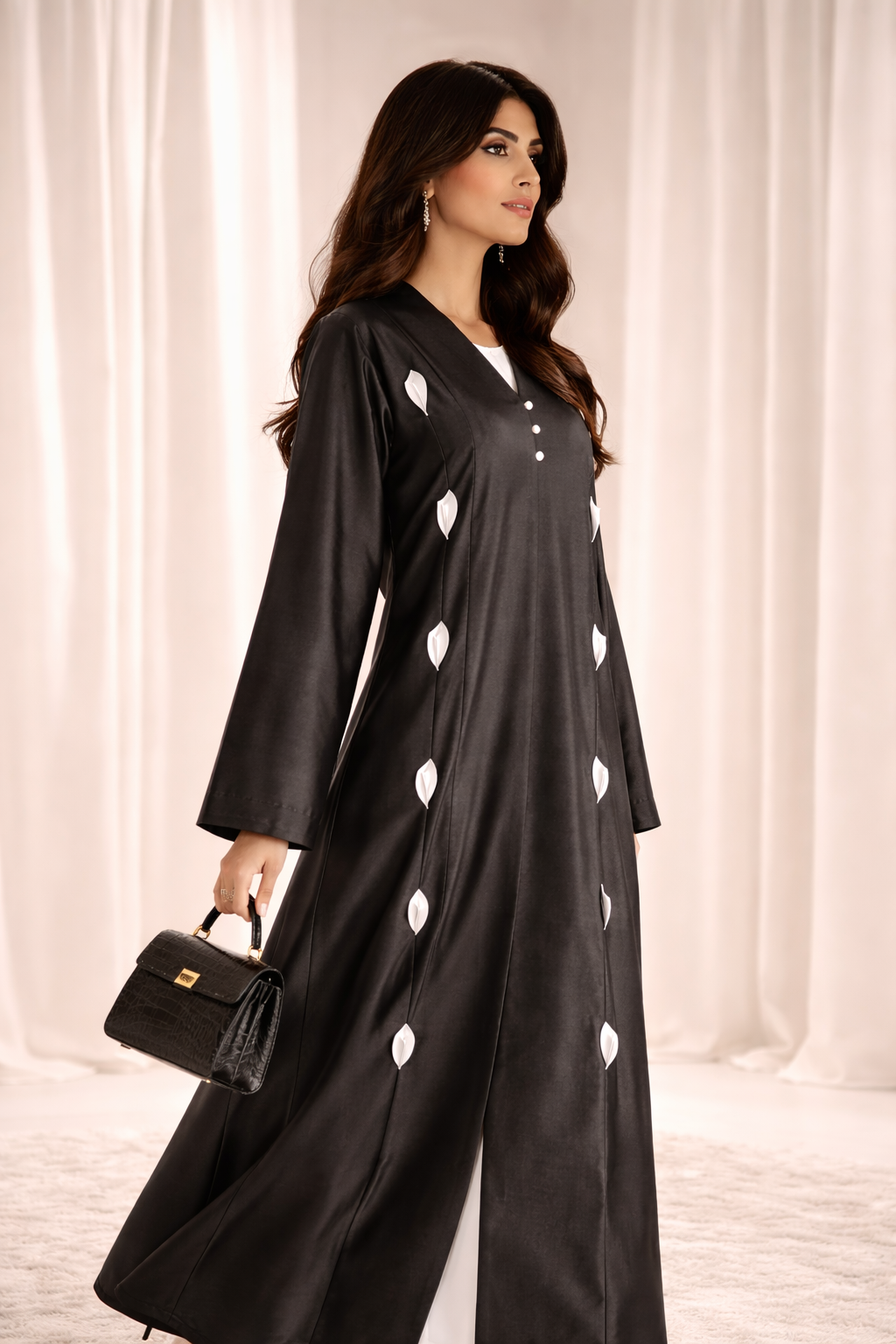 Victoria Satin Petal Detail Abaya I Classic Black
