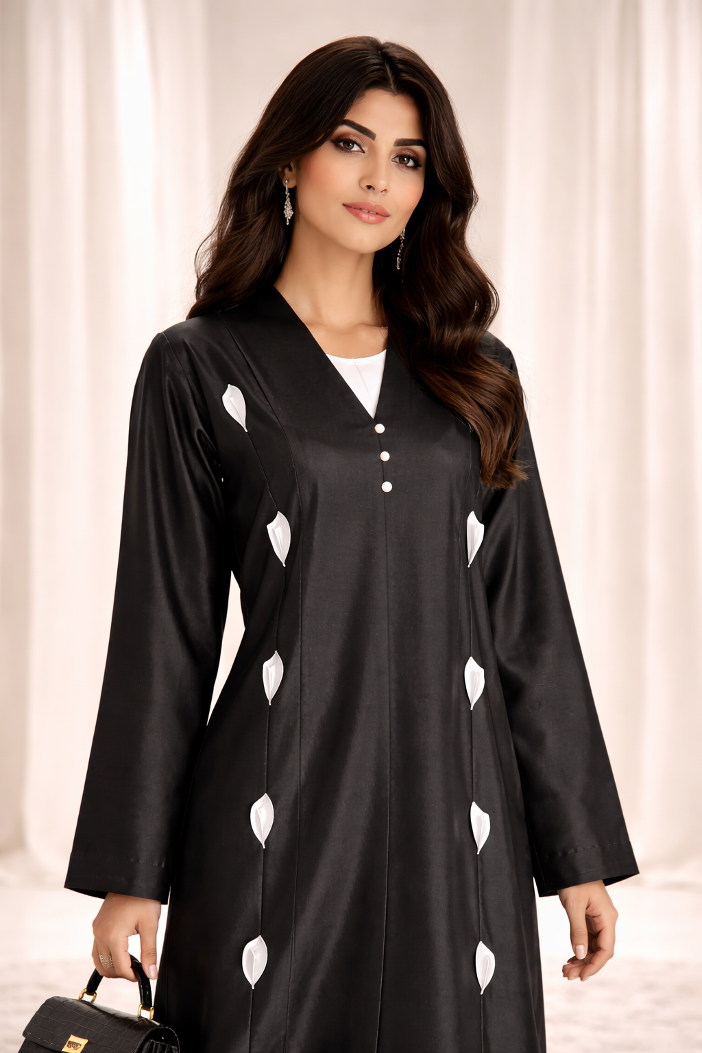 Victoria Satin Petal Detail Abaya I Classic Black