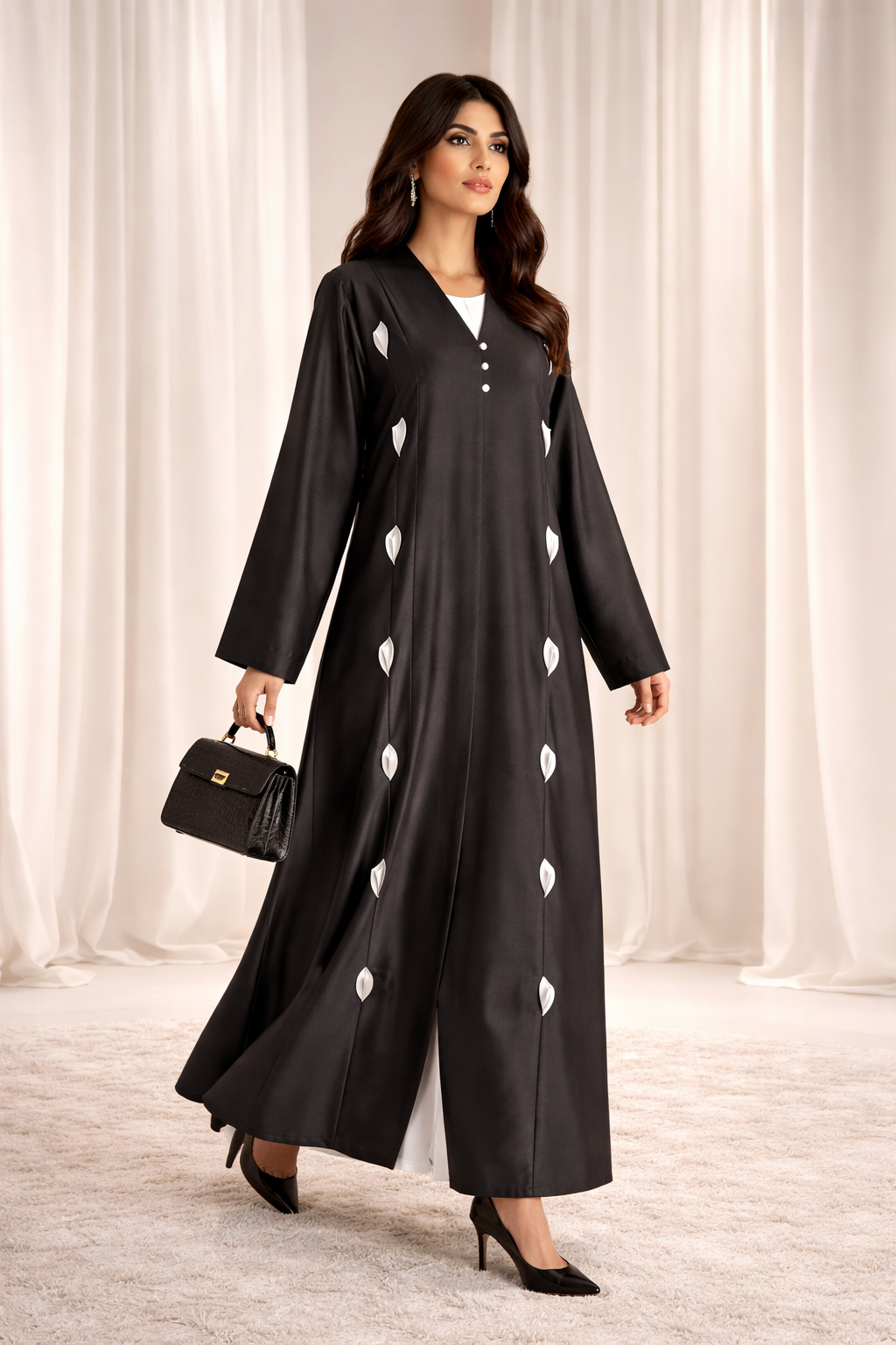 Victoria Satin Petal Detail Abaya I Classic Black