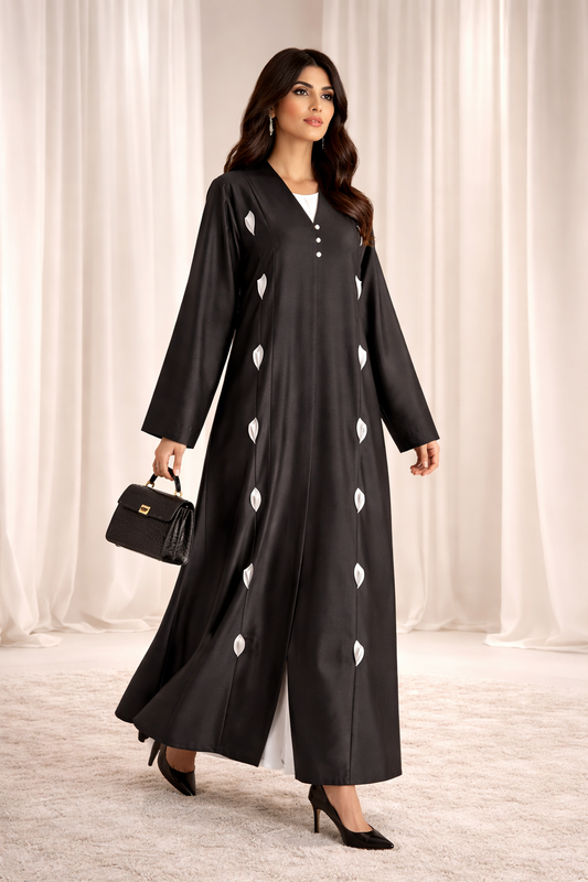 Victoria Satin Petal Detail Abaya I Classic Black