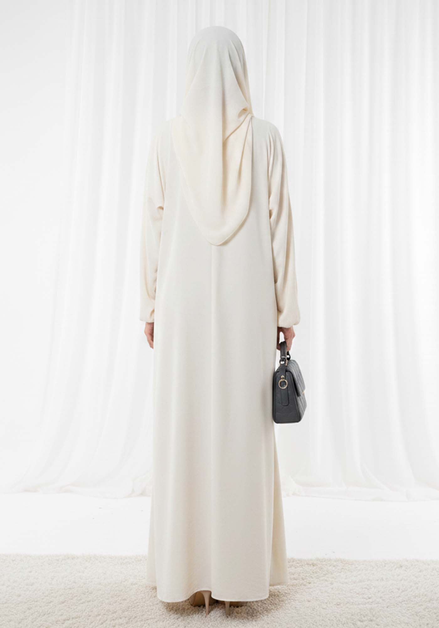 Harir Maqsood Beige Prayer Abaya – Attached Hijab Design