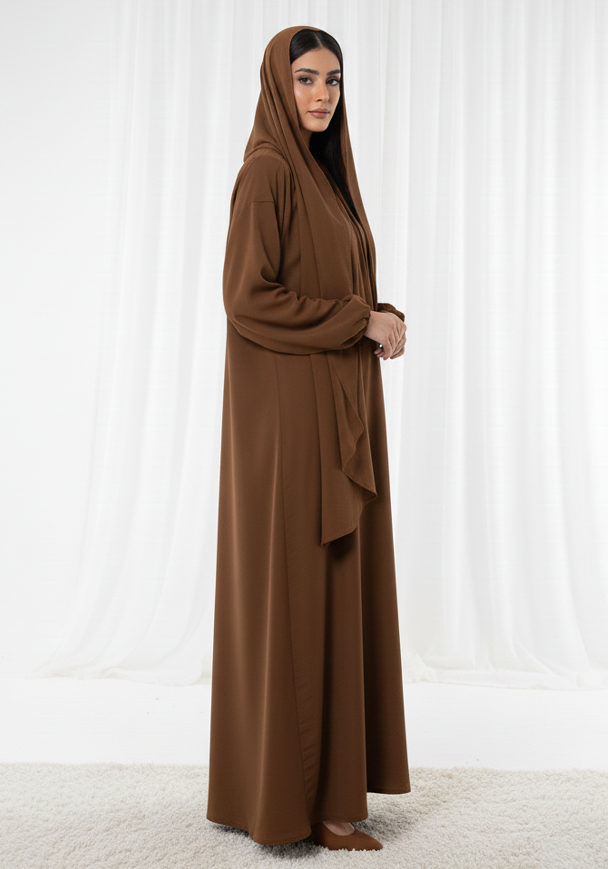 Harir Maqsood Brown Prayer Abaya – Attached Hijab Design