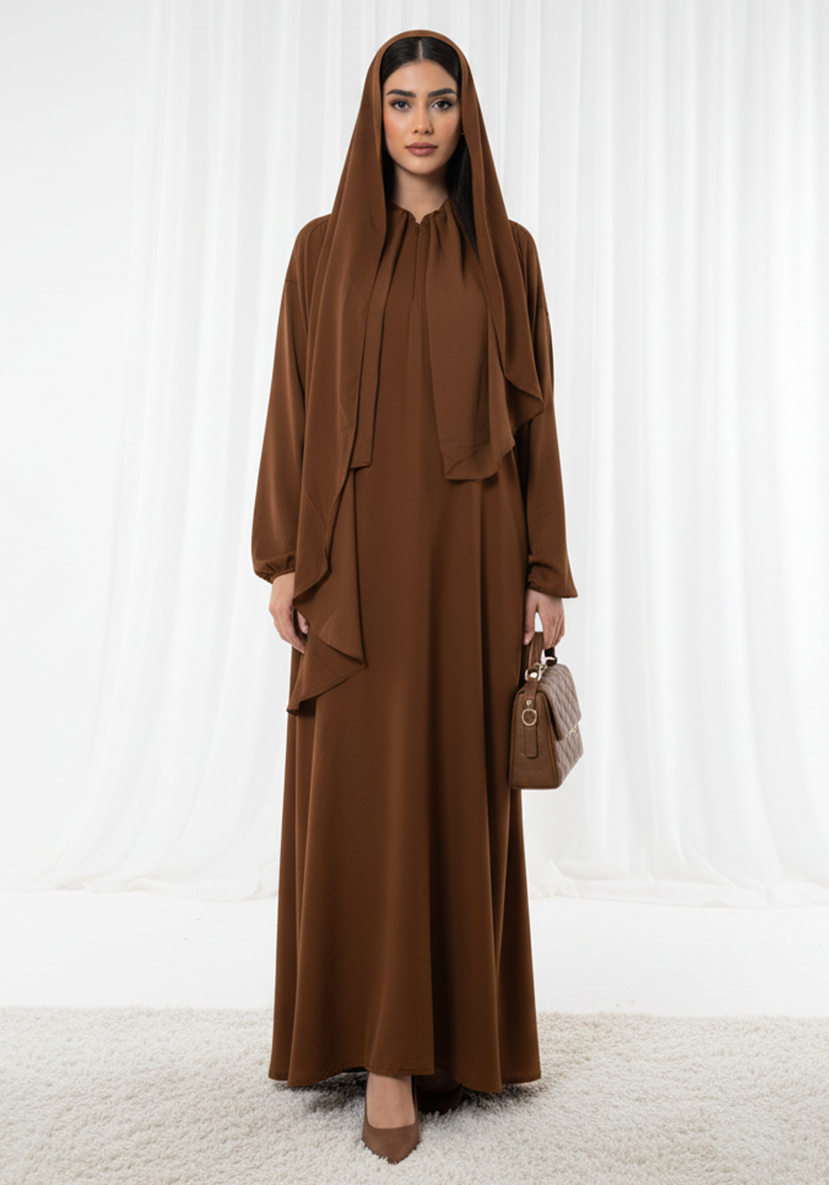 Harir Maqsood Brown Prayer Abaya – Attached Hijab Design