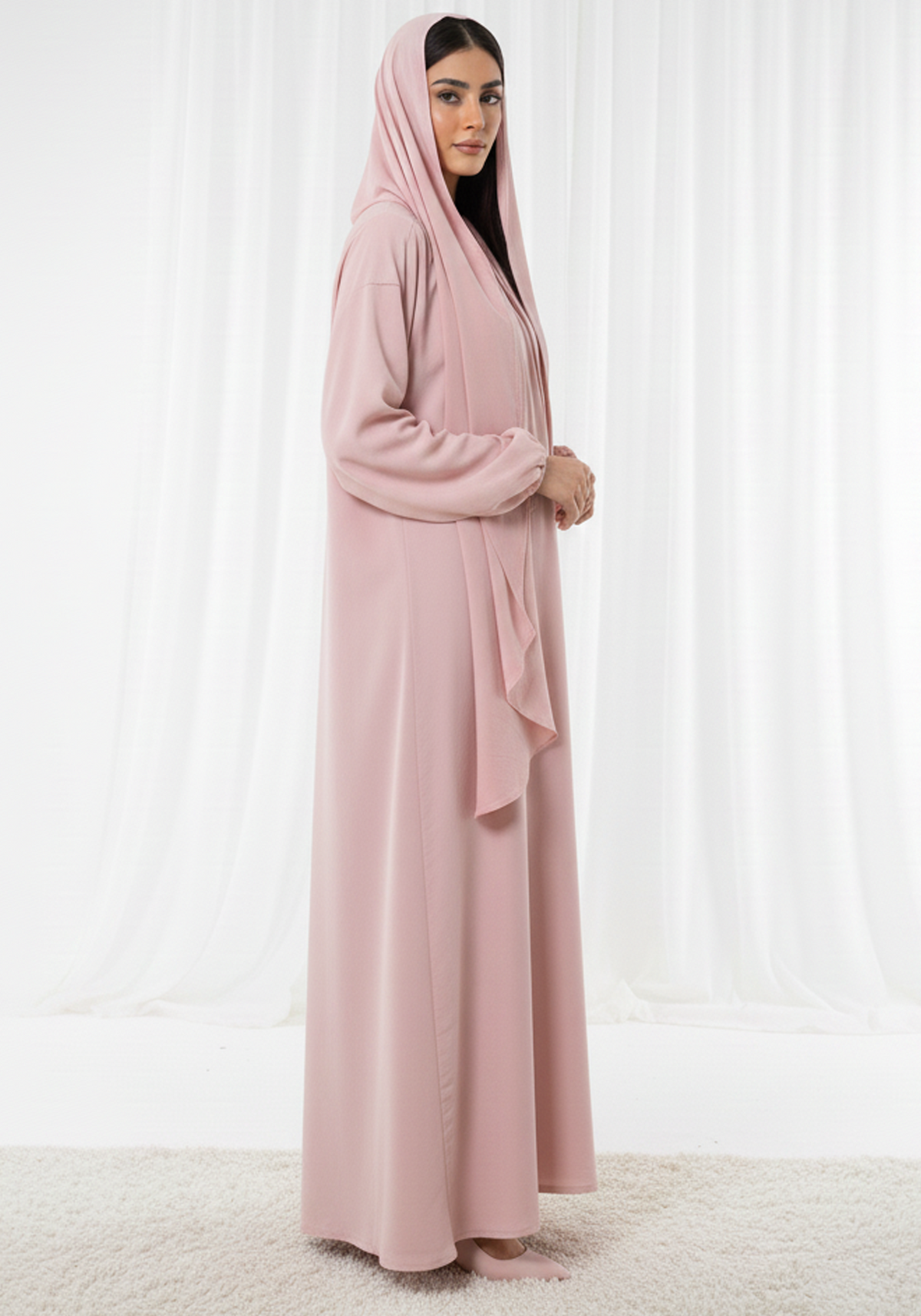 Harir Maqsood Pink Prayer Abaya I Attached Hijab Design
