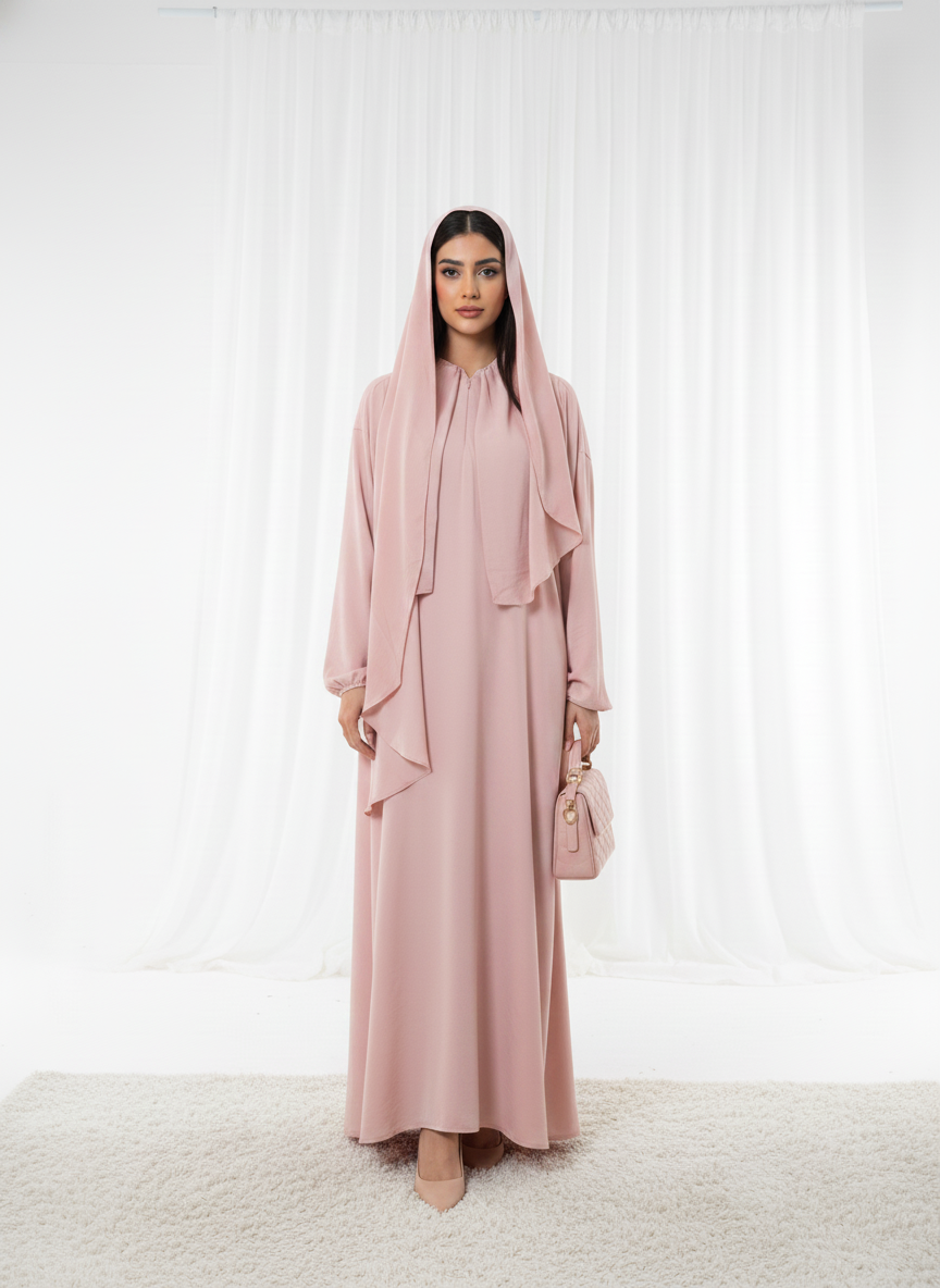 Harir Maqsood Pink Prayer Abaya I Attached Hijab Design