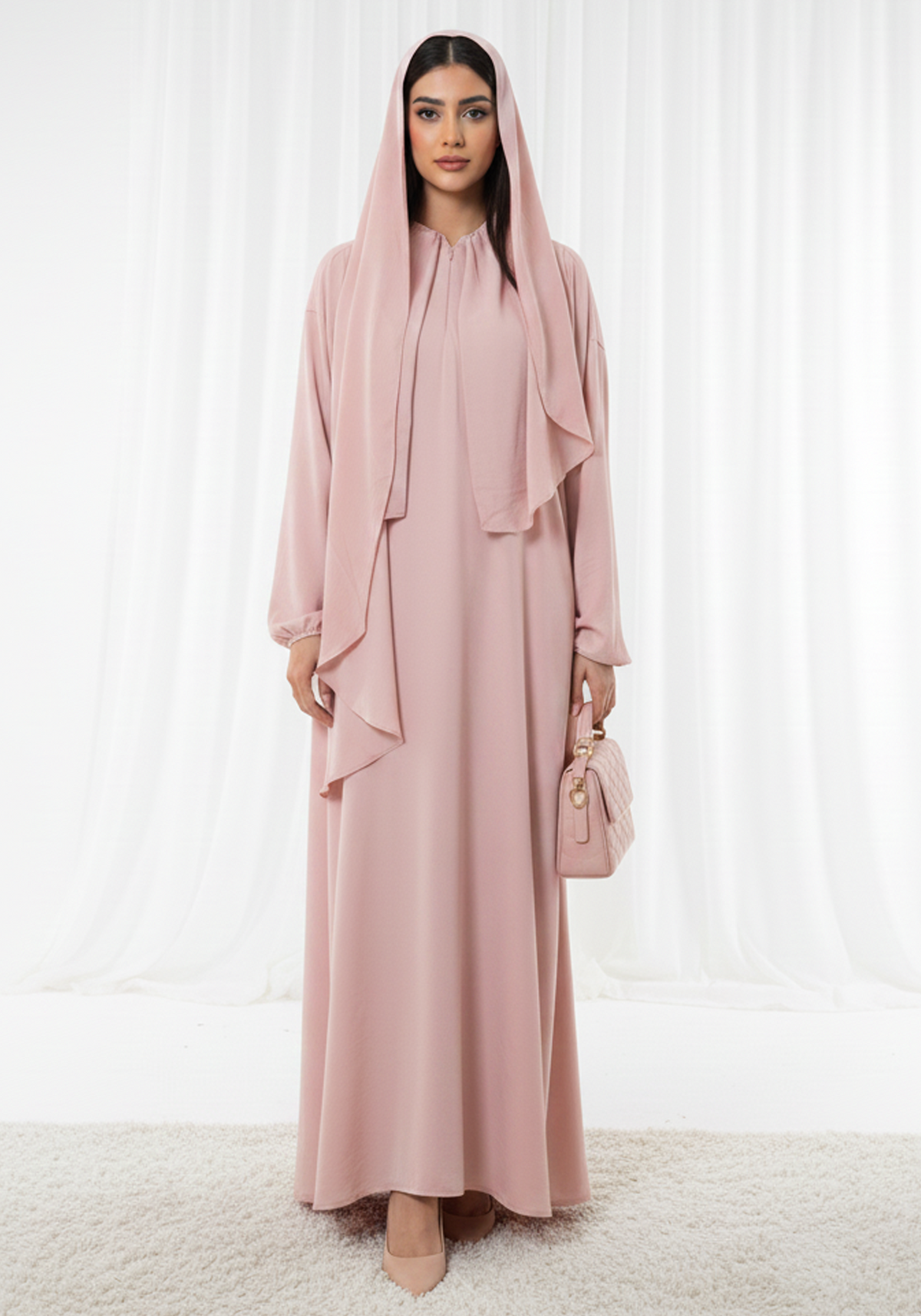 Harir Maqsood Pink Prayer Abaya I Attached Hijab Design