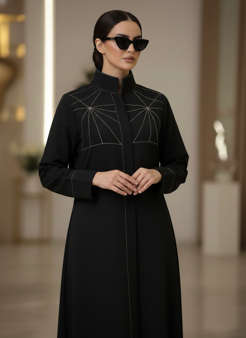 Bold And Modern Midnight Black Cobra Crepe Abaya Mandarin Collar Edition