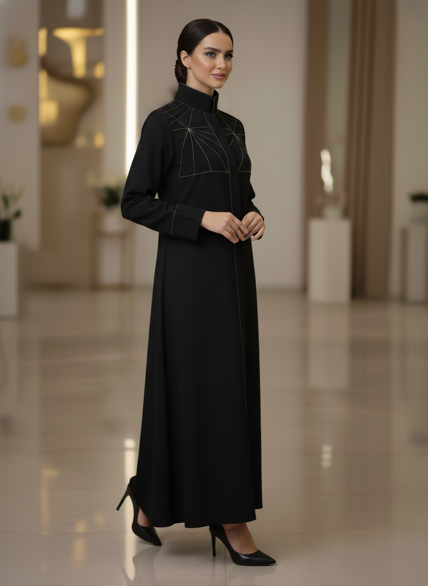 Bold And Modern Midnight Black Cobra Crepe Abaya Mandarin Collar Edition