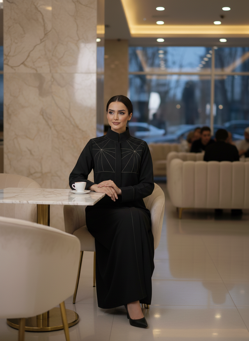 Bold And Modern Midnight Black Cobra Crepe Abaya Mandarin Collar Edition