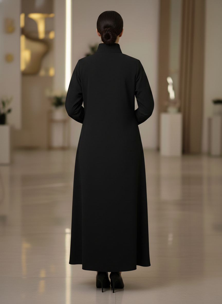 Bold And Modern Midnight Black Cobra Crepe Abaya Mandarin Collar Edition