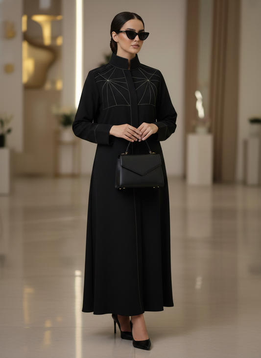 Bold And Modern Midnight Black Cobra Crepe Abaya Mandarin Collar Edition