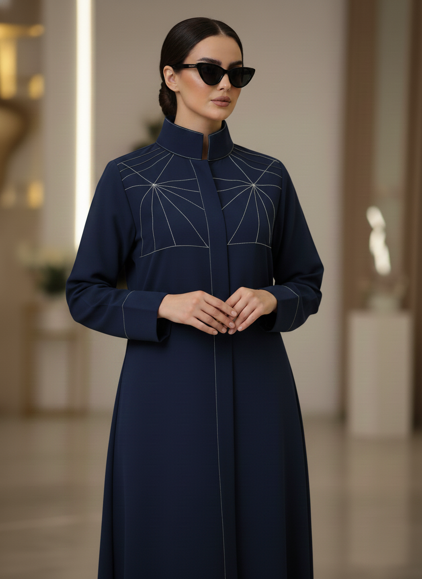 Bold And Modern Blue Cobra Crepe Abaya Mandarin Collar Edition