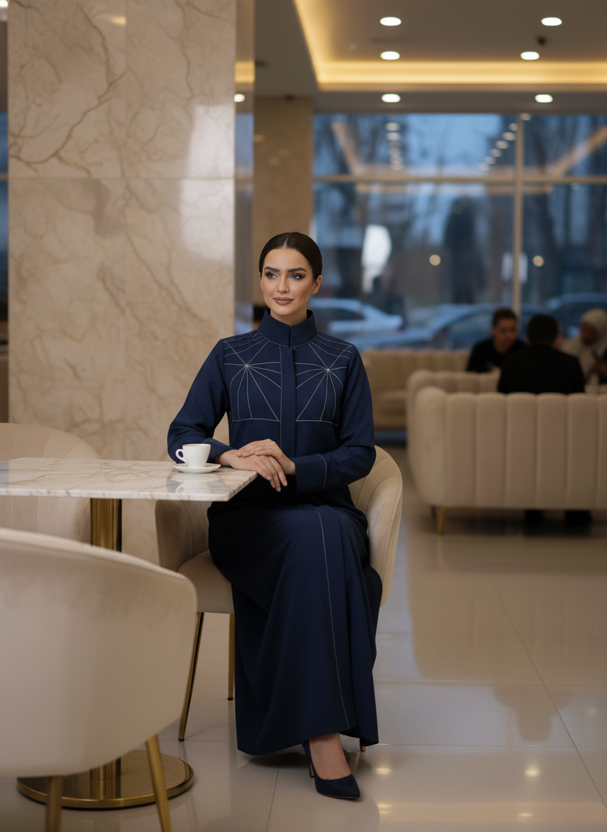 Bold And Modern Blue Cobra Crepe Abaya Mandarin Collar Edition