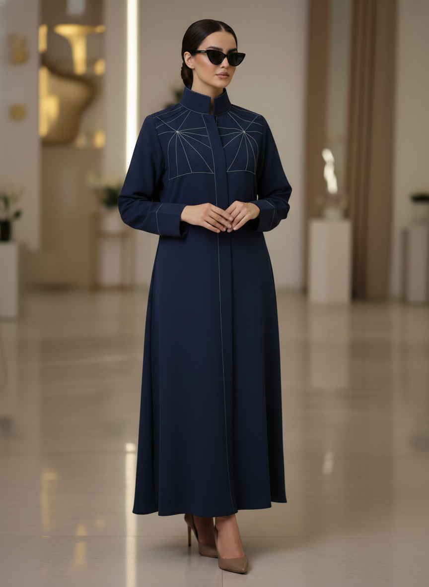 Bold And Modern Blue Cobra Crepe Abaya Mandarin Collar Edition