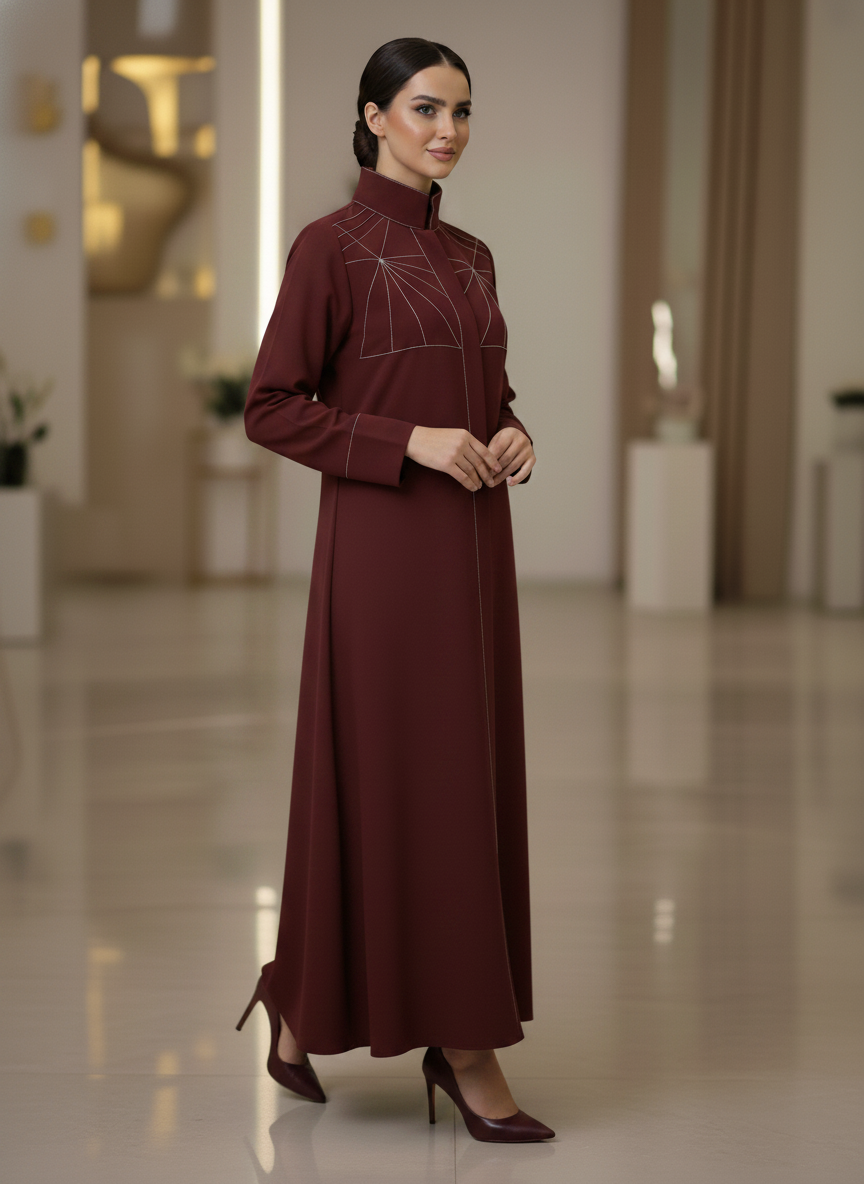 Bold And Modern Maroon Cobra Crepe Abaya Mandarin Collar Edition