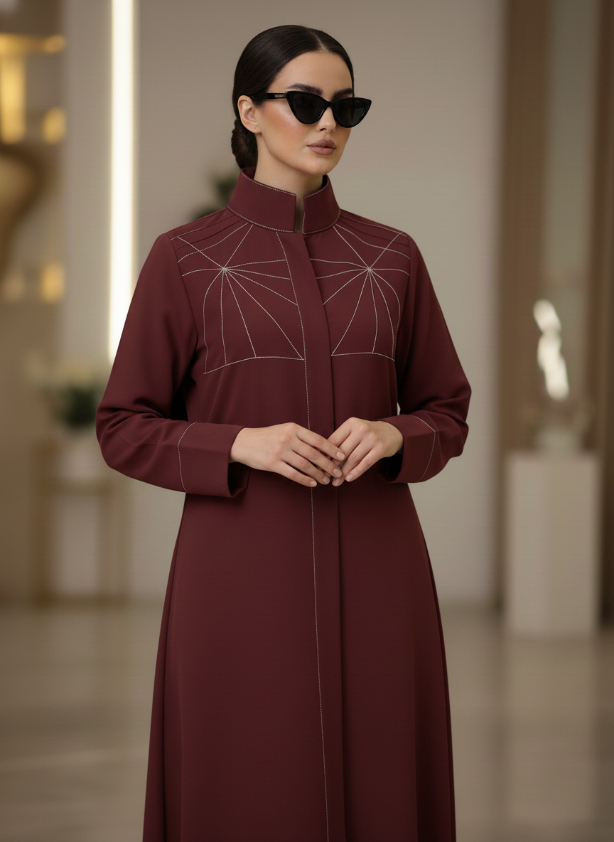 Bold And Modern Maroon Cobra Crepe Abaya Mandarin Collar Edition