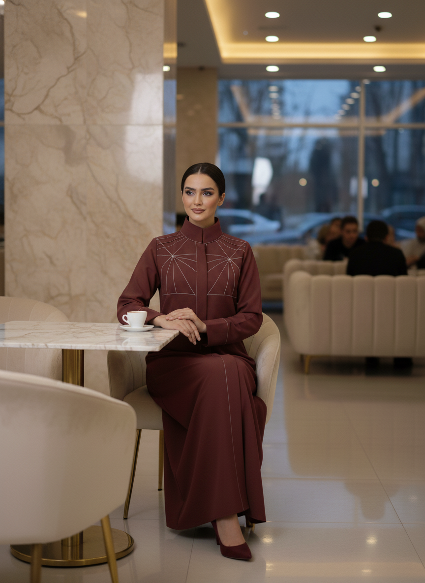 Bold And Modern Maroon Cobra Crepe Abaya Mandarin Collar Edition