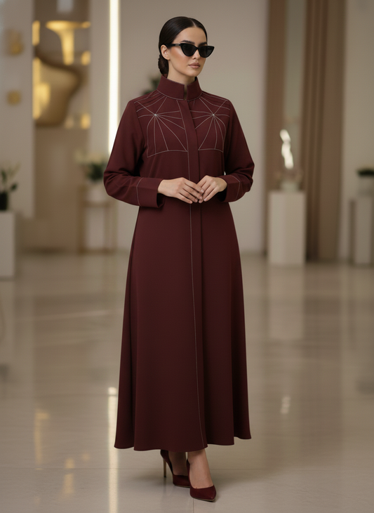 Bold And Modern Maroon Cobra Crepe Abaya Mandarin Collar Edition
