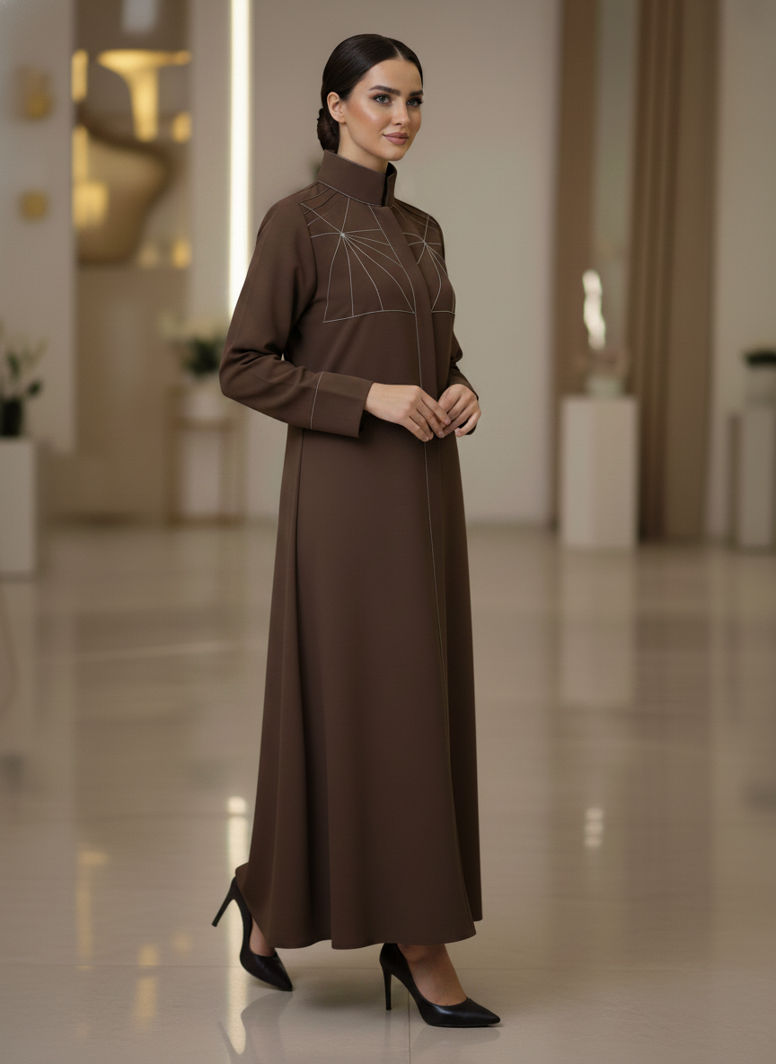 Bold And Modern Brown Cobra Crepe Abaya Mandarin Collar Edition