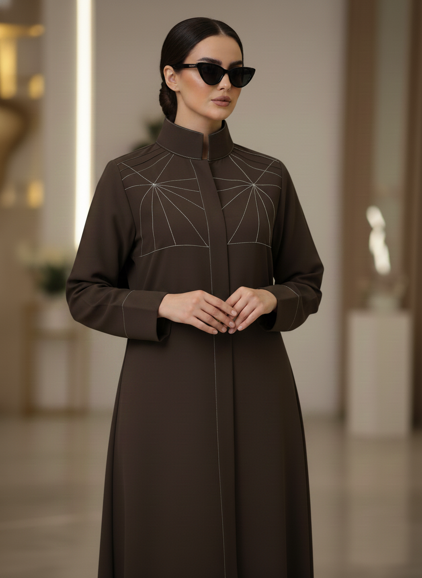 Bold And Modern Brown Cobra Crepe Abaya Mandarin Collar Edition