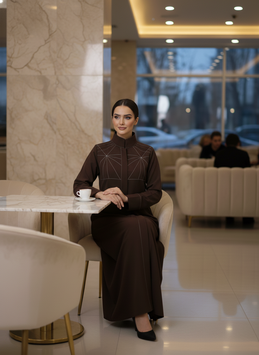 Bold And Modern Brown Cobra Crepe Abaya Mandarin Collar Edition